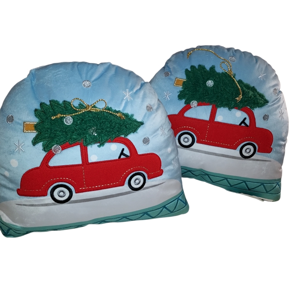 New Lot Of 2 Red Car W/ Christmas Tree Pillows in Light Blue Decor (14" x 12")